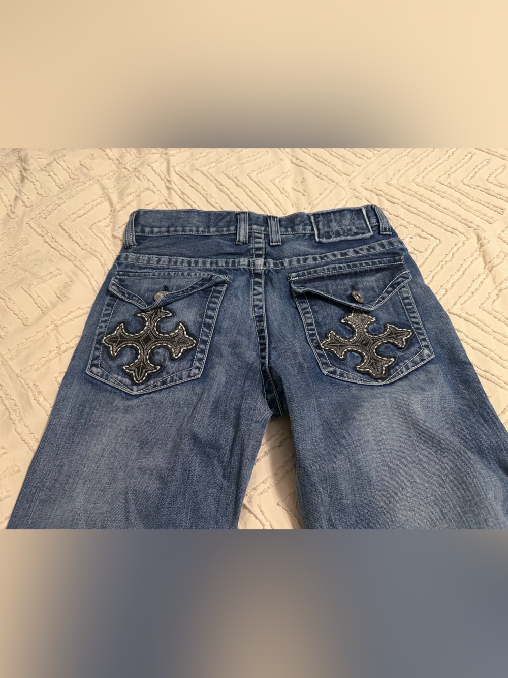 Helix Medium Blue Bootcut Jeans with Embroidered Cross Pockets